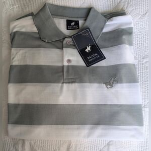 NWT...Pacific Polo Club Gray and White Striped Polo Shirt Size L